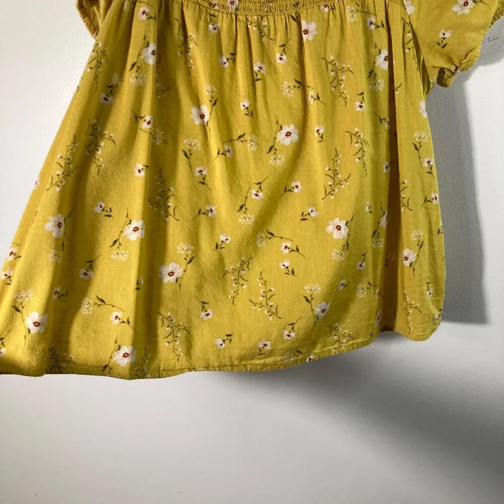 Womens Old Navy Puff Sleeve‎ Ruched Top Floral Blouse Mustard XS Cotton Rayon